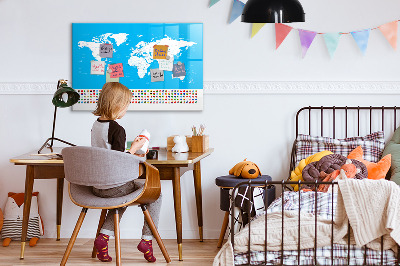 Pizarra borrable de cristal con imanes Mapa del mundo con ubicaciones de fotos