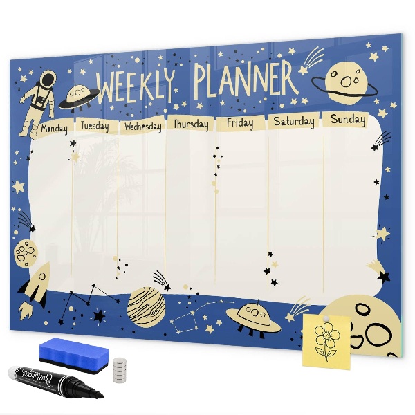 Pizarra magnética de pared con rotulador Agenda semanal con temática espacial