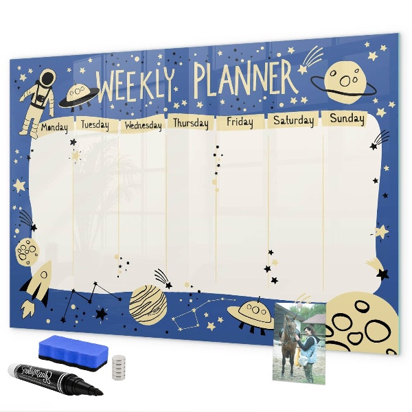 Pizarra magnética de pared con rotulador Agenda semanal con temática espacial