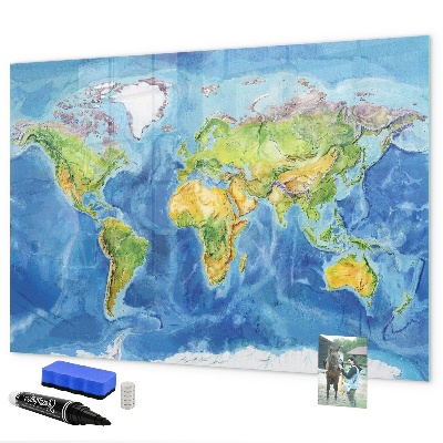 Pizarra borrable de cristal con imanes Mapa del mundo con ubicaciones de fotos