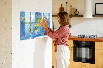 Pizarra borrable de cristal con imanes Mapa del mundo con ubicaciones de fotos