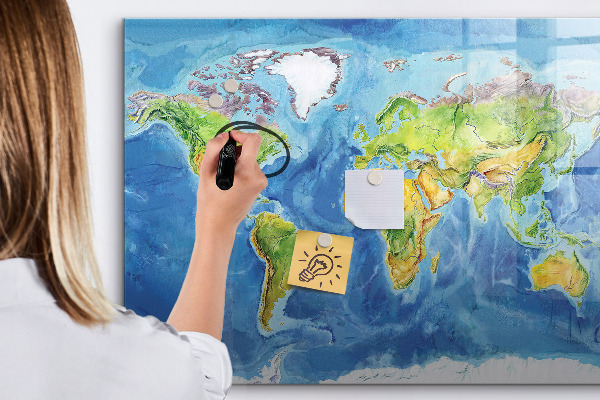 Pizarra borrable de cristal con imanes Mapa del mundo con ubicaciones de fotos