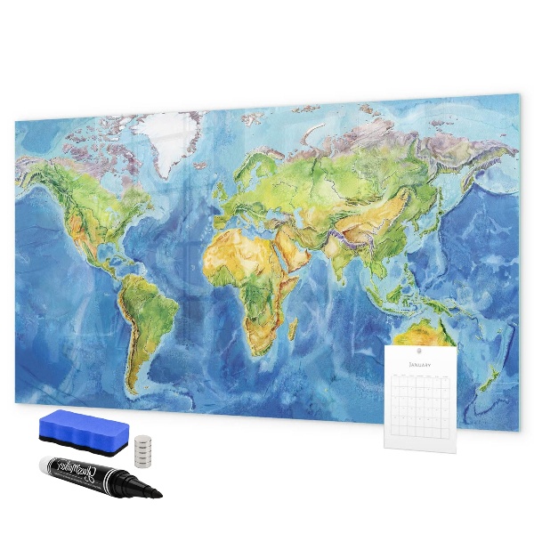 Pizarra borrable de cristal con imanes Mapa del mundo con ubicaciones de fotos