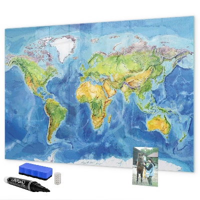 Pizarra borrable de cristal con imanes Mapa del mundo con ubicaciones de fotos