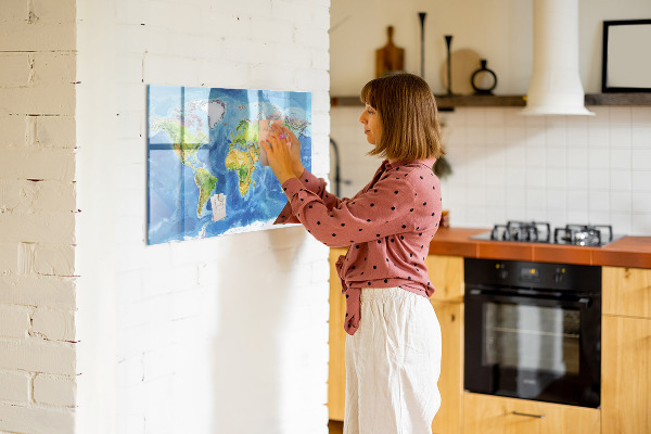 Pizarra borrable de cristal con imanes Mapa del mundo con ubicaciones de fotos