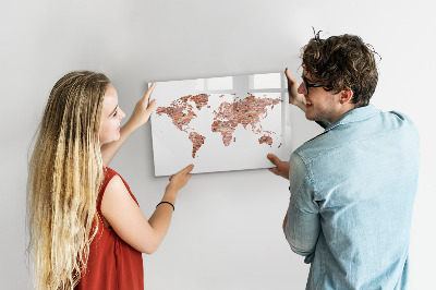Pizarra magnética de pared con rotulador Mapa del mundo con fotos y notas.