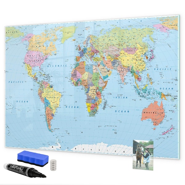 Pizarra borrable de cristal con imanes Mapa del mundo con fotos personales