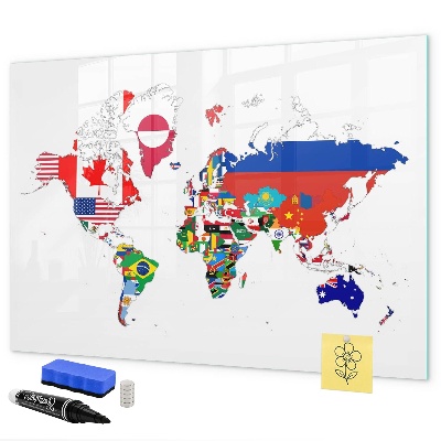 Pizarra borrable de cristal con imanes Mapa del mundo con ubicaciones de fotos