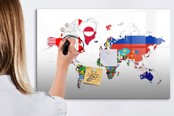 Pizarra borrable de cristal con imanes Mapa del mundo con ubicaciones de fotos