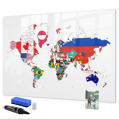 Pizarra borrable de cristal con imanes Mapa del mundo con ubicaciones de fotos
