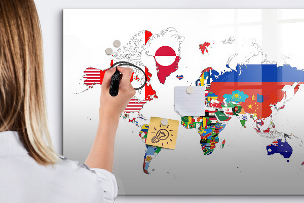 Pizarra borrable de cristal con imanes Mapa del mundo con ubicaciones de fotos