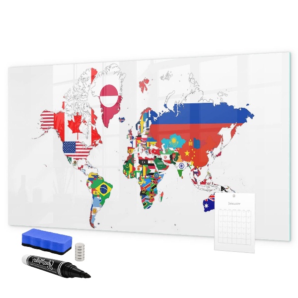 Pizarra borrable de cristal con imanes Mapa del mundo con ubicaciones de fotos