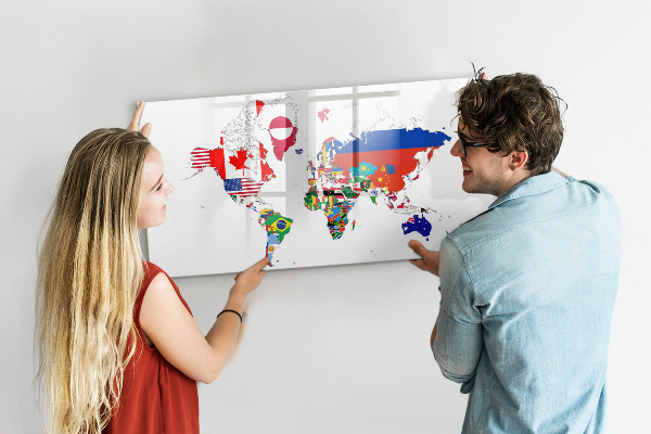 Pizarra borrable de cristal con imanes Mapa del mundo con ubicaciones de fotos