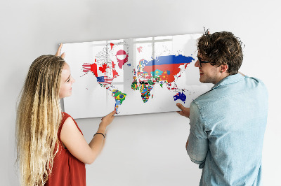 Pizarra borrable de cristal con imanes Mapa del mundo con ubicaciones de fotos