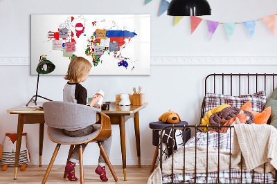 Pizarra borrable de cristal con imanes Mapa del mundo con ubicaciones de fotos