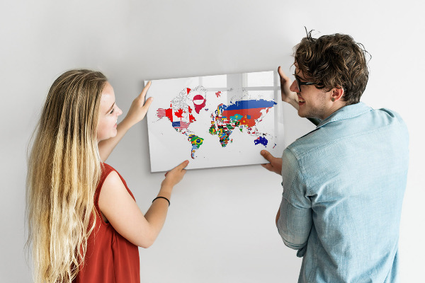 Pizarra borrable de cristal con imanes Mapa del mundo con ubicaciones de fotos