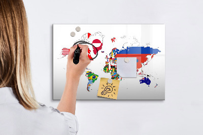 Pizarra borrable de cristal con imanes Mapa del mundo con ubicaciones de fotos