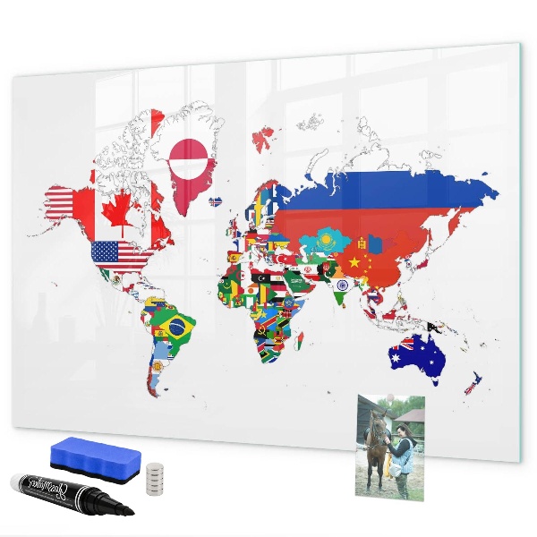 Pizarra borrable de cristal con imanes Mapa del mundo con ubicaciones de fotos