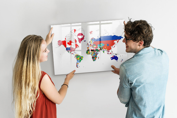 Pizarra borrable de cristal con imanes Mapa del mundo con ubicaciones de fotos