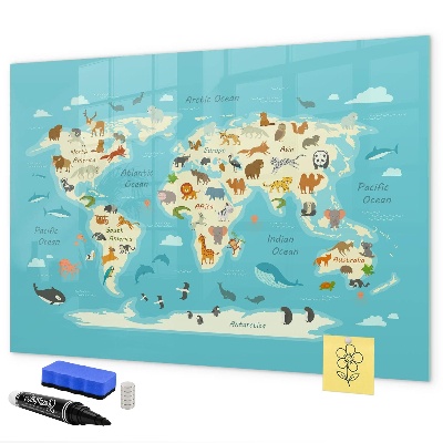 Pizarra borrable de cristal con imanes Mapa del mundo con ilustraciones y fotografías.