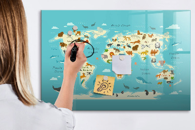 Pizarra borrable de cristal con imanes Mapa del mundo con ilustraciones y fotografías.