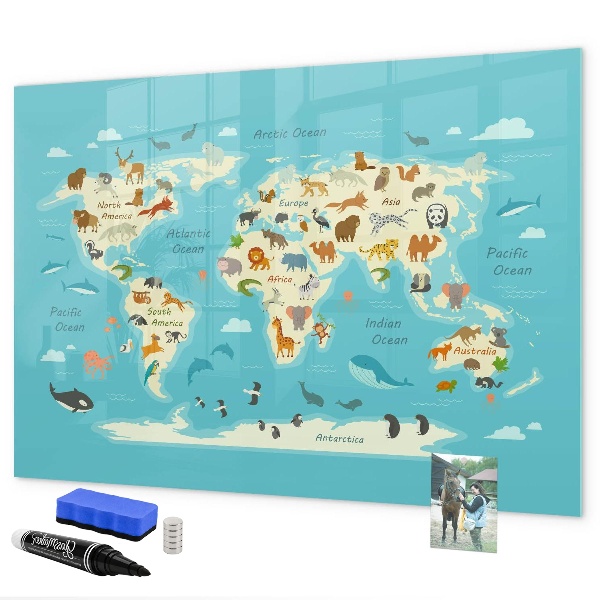 Pizarra borrable de cristal con imanes Mapa del mundo con ilustraciones y fotografías.