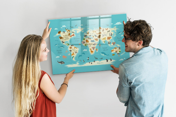 Pizarra borrable de cristal con imanes Mapa del mundo con ilustraciones y fotografías.