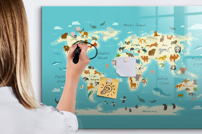 Pizarra borrable de cristal con imanes Mapa del mundo con ilustraciones y fotografías.