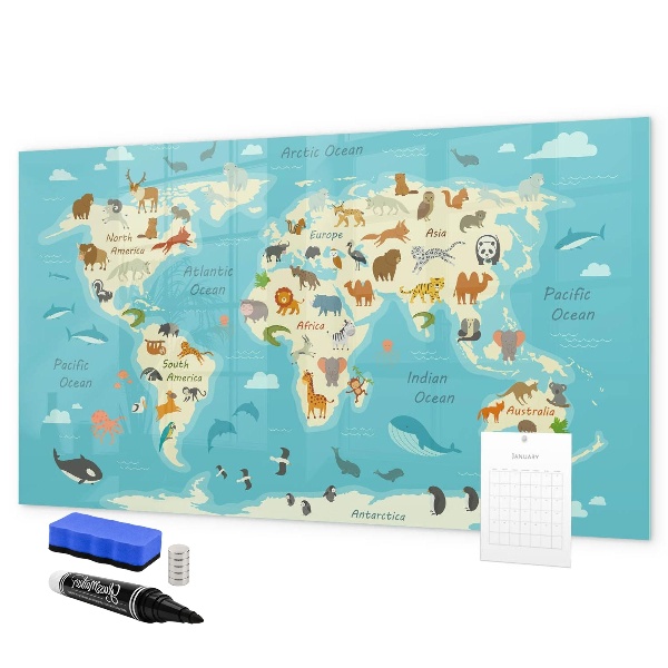Pizarra borrable de cristal con imanes Mapa del mundo con ilustraciones y fotografías.