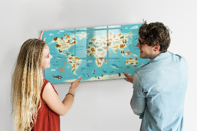 Pizarra borrable de cristal con imanes Mapa del mundo con ilustraciones y fotografías.