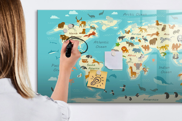 Pizarra borrable de cristal con imanes Mapa del mundo con ilustraciones y fotografías.