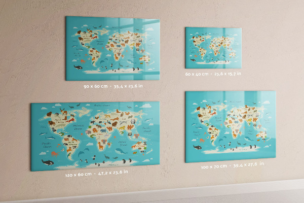 Pizarra borrable de cristal con imanes Mapa del mundo con ilustraciones y fotografías.