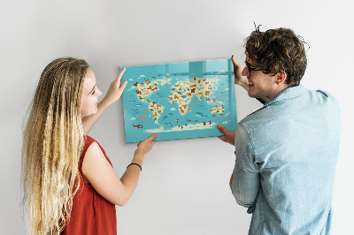 Pizarra borrable de cristal con imanes Mapa del mundo con ilustraciones y fotografías.