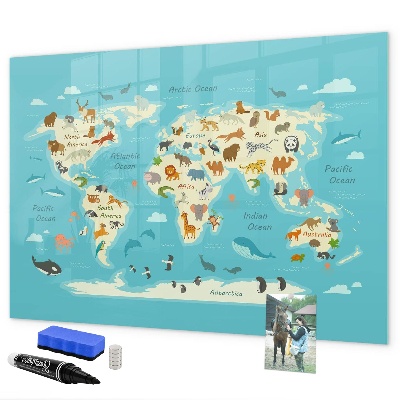 Pizarra borrable de cristal con imanes Mapa del mundo con ilustraciones y fotografías.