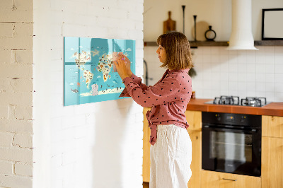 Pizarra borrable de cristal con imanes Mapa del mundo con ilustraciones y fotografías.