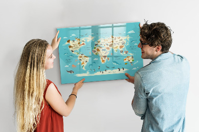 Pizarra borrable de cristal con imanes Mapa del mundo con ilustraciones y fotografías.