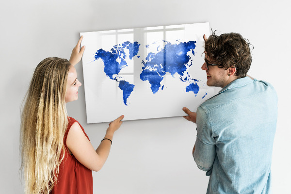 Pizarra borrable de cristal con imanes Mapa del mundo con ubicaciones de fotos