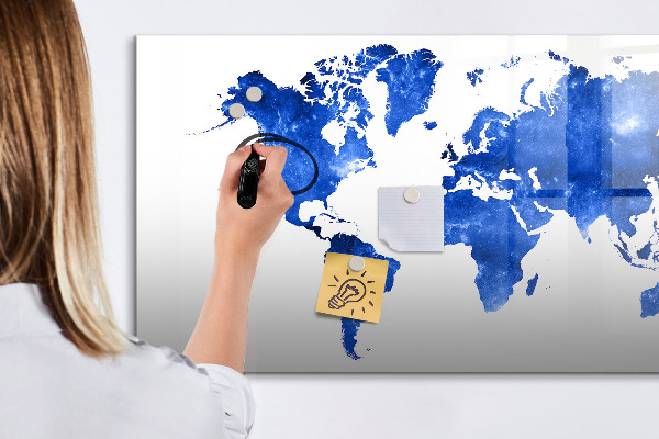 Pizarra borrable de cristal con imanes Mapa del mundo con ubicaciones de fotos