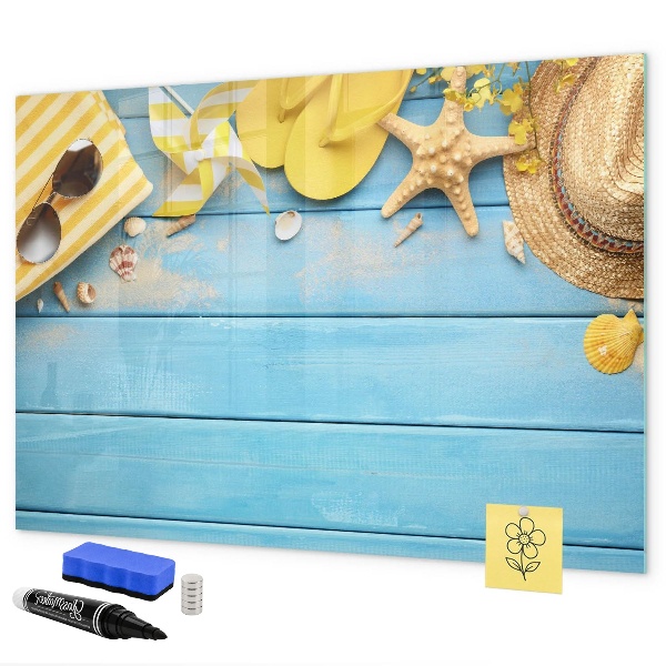 Pizarra magnética de pared con rotulador Recuerdos de verano sobre un fondo azul