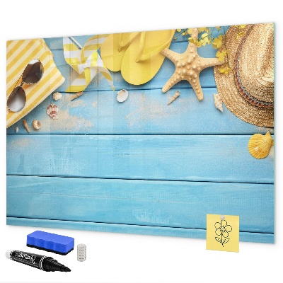 Pizarra magnética de pared con rotulador Recuerdos de verano sobre un fondo azul