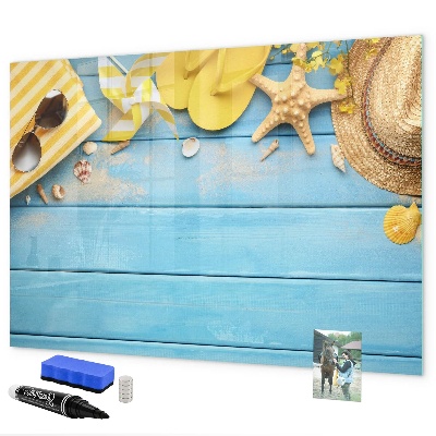 Pizarra magnética de pared con rotulador Recuerdos de verano sobre un fondo azul