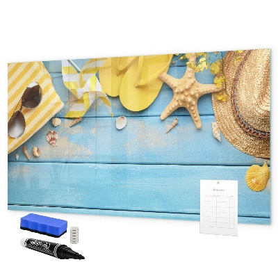 Pizarra magnética de pared con rotulador Recuerdos de verano sobre un fondo azul