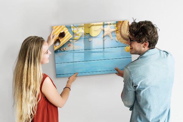 Pizarra magnética de pared con rotulador Recuerdos de verano sobre un fondo azul