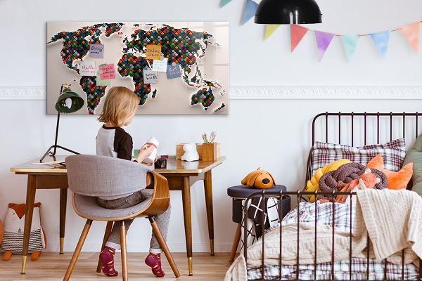 Pizarra magnética de pared con rotulador Mundo interactivo con lugares para tomar fotos.