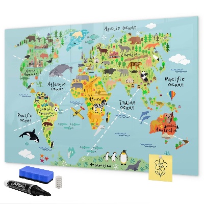 Pizarra borrable de cristal con imanes Mapa del mundo con ubicaciones de fotos