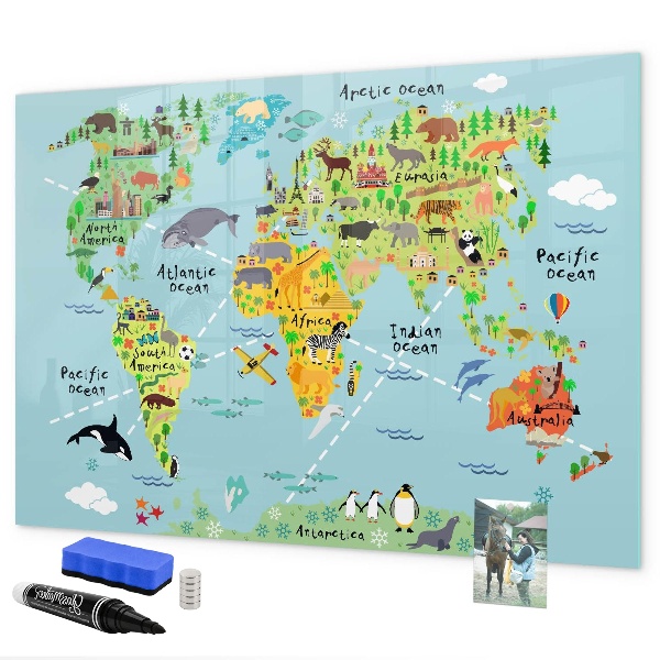 Pizarra borrable de cristal con imanes Mapa del mundo con ubicaciones de fotos