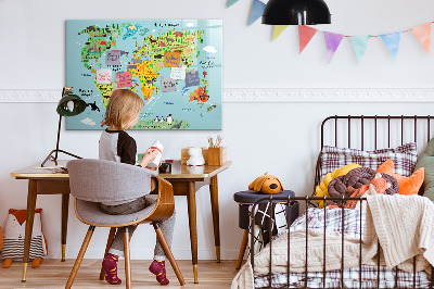 Pizarra borrable de cristal con imanes Mapa del mundo con ubicaciones de fotos