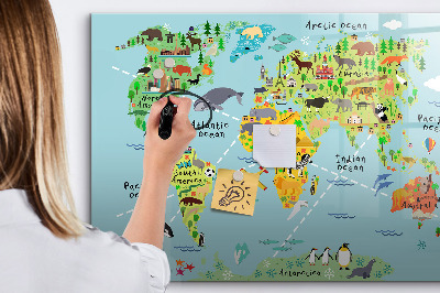 Pizarra borrable de cristal con imanes Mapa del mundo con ubicaciones de fotos