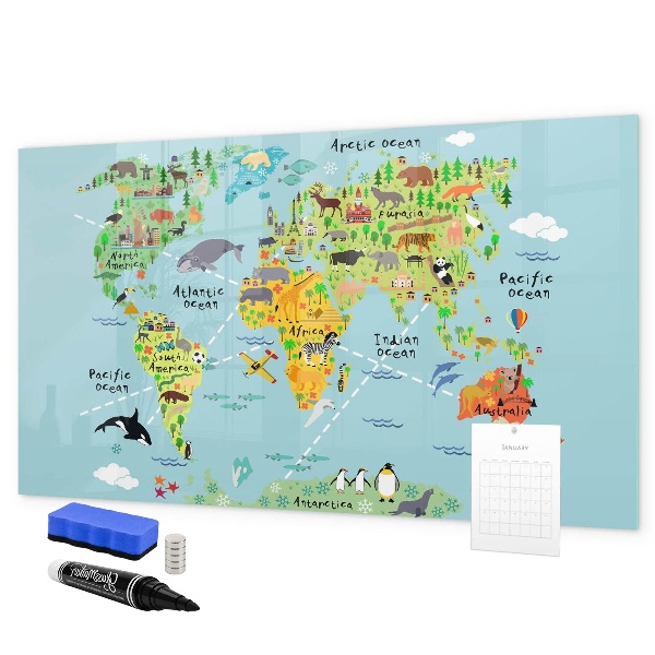Pizarra borrable de cristal con imanes Mapa del mundo con ubicaciones de fotos