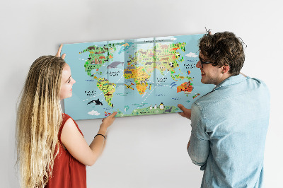 Pizarra borrable de cristal con imanes Mapa del mundo con ubicaciones de fotos